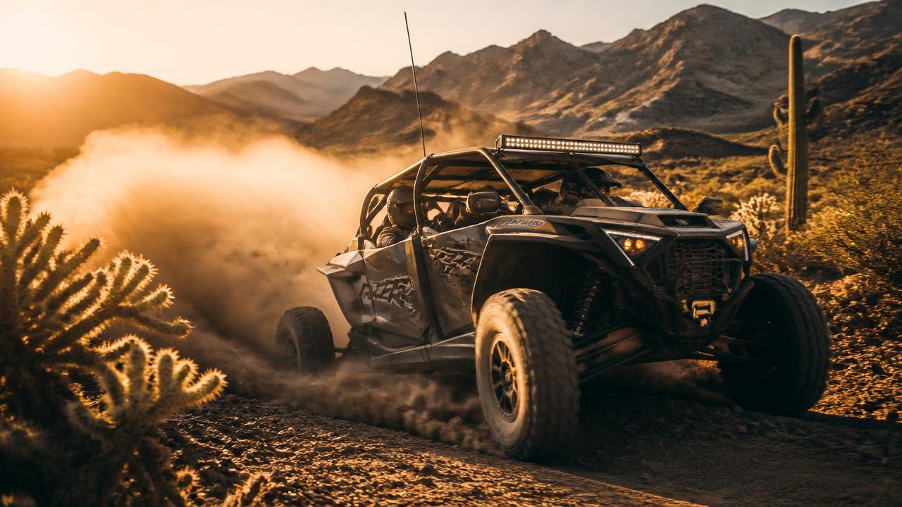 UTV throwing dust across the Baja Divide desert at sunset