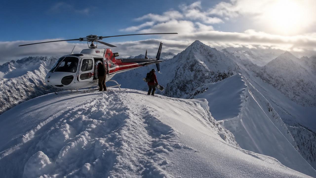 Helicopter parked on a snowy BC ridgeline with snowboarders unloading