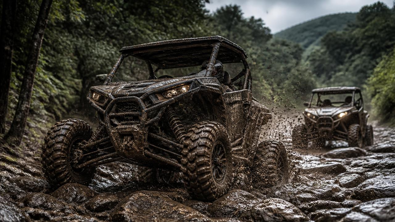Mud covered UTVs climbing a rocky Appalachian trail